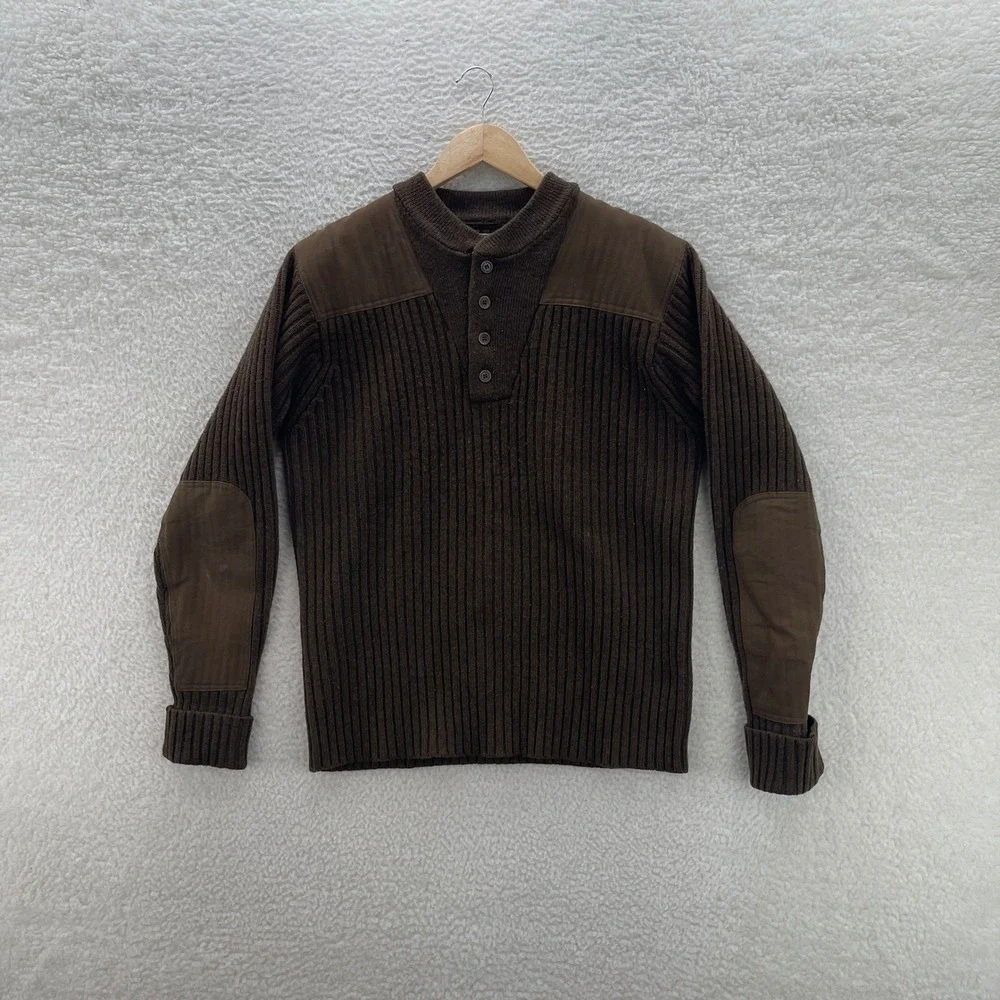 LL Bean Sweater Mens M Olive Greeen Lambs Wool Commando Ribbed Elbow Patch Gorp